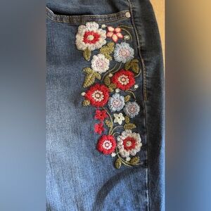 Earl Jeans Women's Dark Blue Skinny with Red & Light Blue Floral Embroidery Y2K